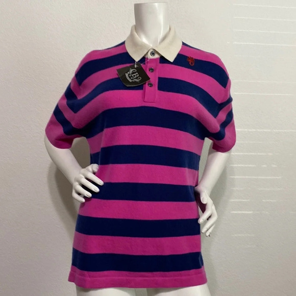 Bacca Da Silva NEW Cashmere Polo Shirt Striped Large Chest Logo Pink/Navy Size M - Picture 2 of 9